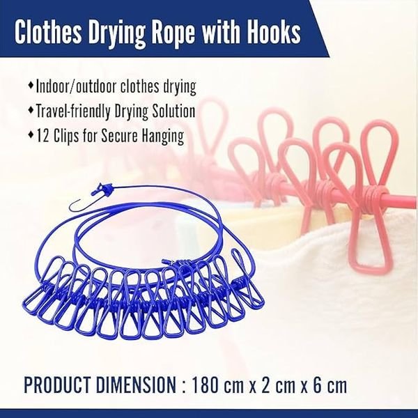 Portable Clothes Drying Rope (12 Clips) - Image 2