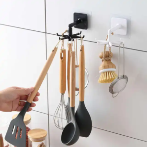 360° Rotating Foldable Kitchen Hook Rack | Self-Adhesive 6 Hook Wall Mounted Organizer