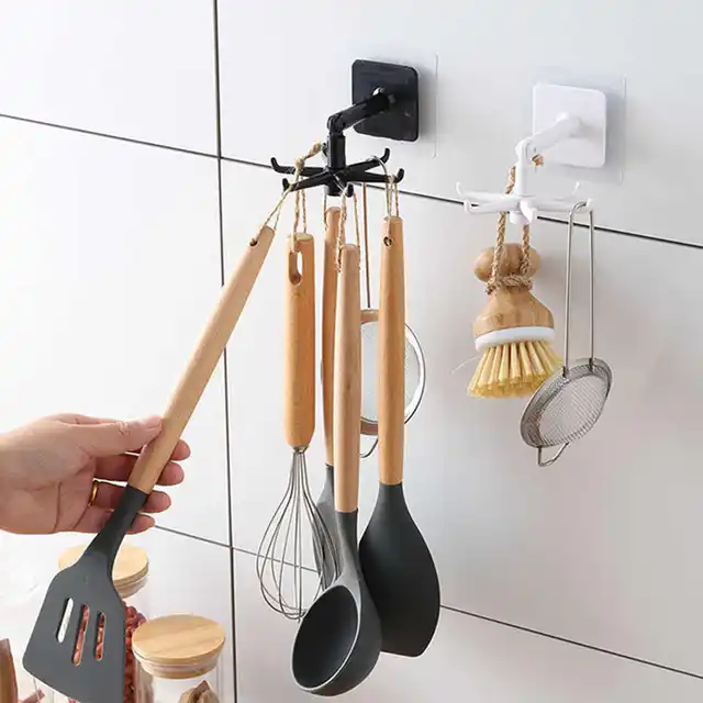 360° Rotating Foldable Kitchen Hook Rack | Self-Adhesive 6 Hook Wall Mounted Organizer