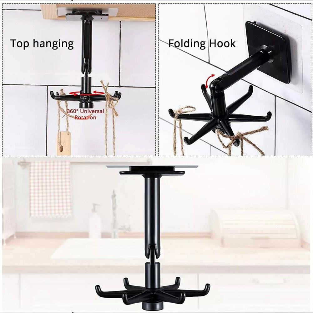 360° Rotating Foldable Kitchen Hook Rack | Self-Adhesive 6 Hook Wall Mounted Organizer - Image 4